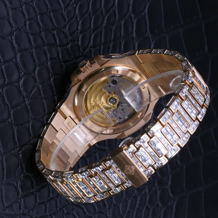 Custom Iced Out Patek Philippe Nautilus 40mm Watch Ref 5711 Invisible Setting Diamond Dial 18K Rose Gold Diamond Bracelet Patek Philippe Bracelets