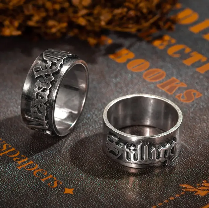 Custom Name Gothic Ring Old English Style Unisex Ring Brass or Sterling Silver 925 Personalized Tattoo Font Name Ring Belbren Rings