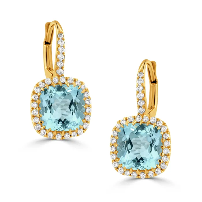 Doves 18K Yellow Gold Sky Blue Topaz with Diamond Halo Drop Earrings Doves Earrings Doves 18K Yellow Gold Sky Blue Topaz with Diamond Halo Drop Earrings Doves Earrings
