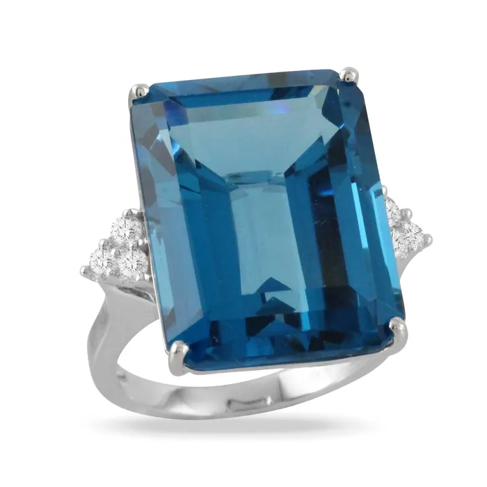 Doves Doves 18K White Gold Rectangle London Blue Topaz with Diamond Cluster Sides Ring Rings Doves Doves 18K White Gold Rectangle London Blue Topaz with Diamond Cluster Sides Ring Rings