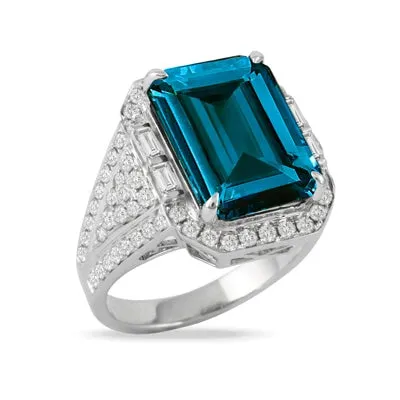 Doves Rings Doves 18K White Gold London Blue Topaz Ring with Diamond Halo Doves Rings Doves 18K White Gold London Blue Topaz Ring with Diamond Halo