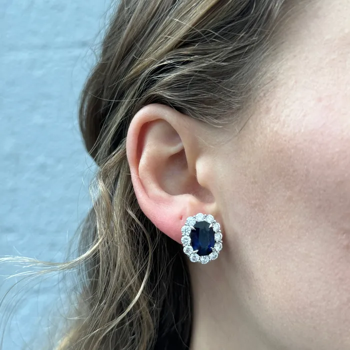 Earrings 634ct Oval Sapphire 264ct Diamond Cluster 18K Gold Earrings Croghans