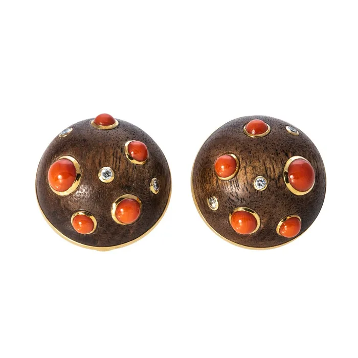 Estate Trianon Wood Coral Diamond 18K Gold Earrings Croghans Earrings