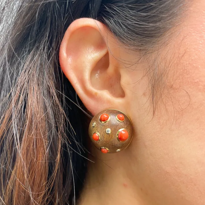Estate Trianon Wood Coral Diamond 18K Gold Earrings Croghans Earrings