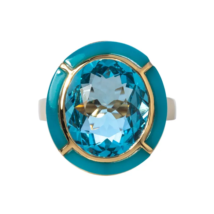 Goshwara Oval Blue Topaz Turquoise Inlay 18K Gold Ring Goshwara Rings
