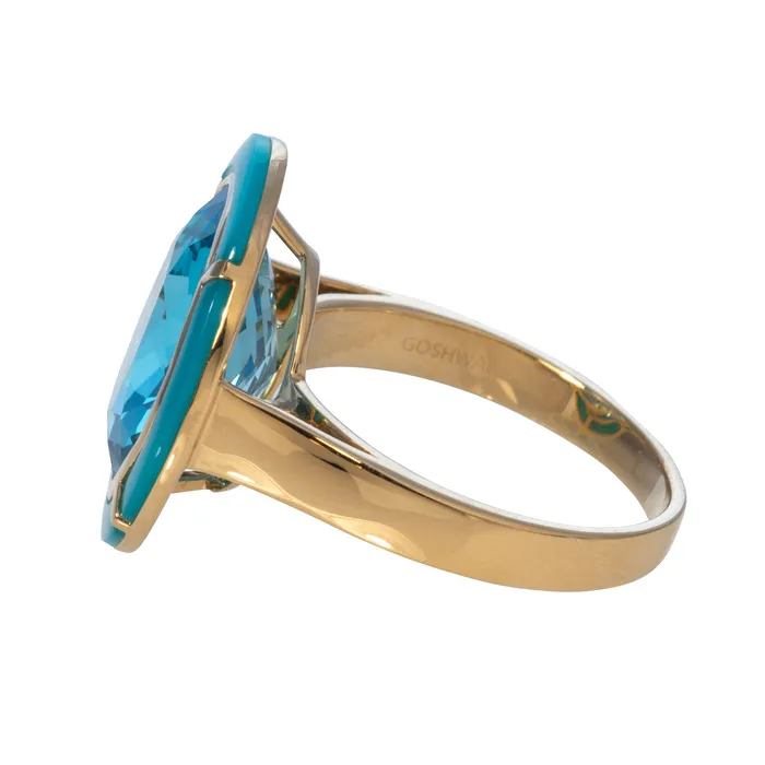 Goshwara Oval Blue Topaz Turquoise Inlay 18K Gold Ring Goshwara Rings