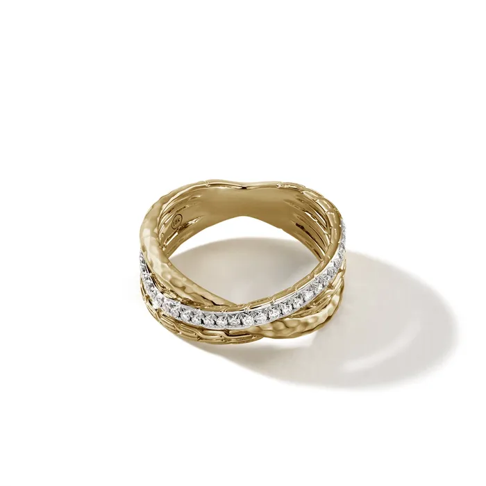 John Hardy Rings John Hardy Classic Chain 18K Yellow Gold Hammered Diamond Pave Crossover Ring John Hardy Rings John Hardy Classic Chain 18K Yellow Gold Hammered Diamond Pave Crossover Ring