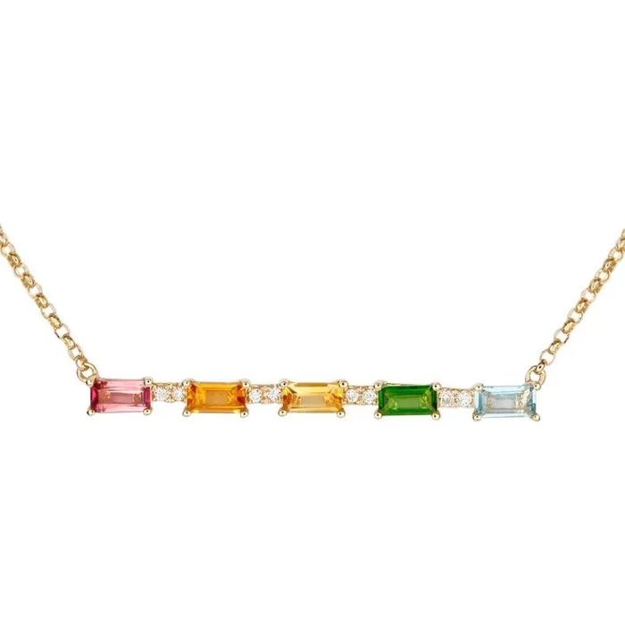 Meierotto Jewelers 14K Yellow Gold Curved Bar Necklace with Citrine Peridot Blue Topaz Pink Tourmaline and Diamonds Necklaces Meierotto Jewelers 14K Yellow Gold Curved Bar Necklace with Citrine Peridot Blue Topaz Pink Tourmaline and Diamonds Necklaces