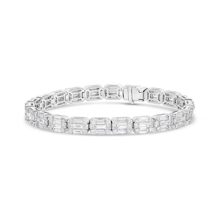 Meierotto Jewelers 18K White Gold Rectangle Design Cluster Princess Baguette and Round Diamond Bracelet Bracelets