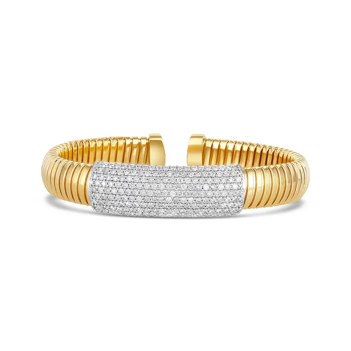Meierotto Jewelers PreStyled Sets 18K Yellow Gold Flexible Bangle with White Gold Diamond Section Meierotto Jewelers PreStyled Sets 18K Yellow Gold Flexible Bangle with White Gold Diamond Section