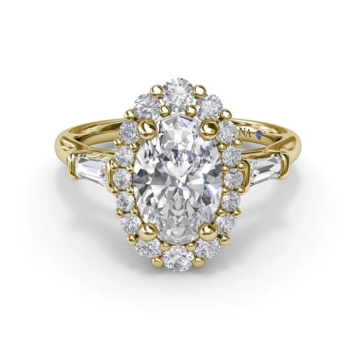 Rings 14K Yellow Gold Semi Mount Diamond Ring with Oval Halo with Round and Baguette Diamonds Fana Rings 14K Yellow Gold Semi Mount Diamond Ring with Oval Halo with Round and Baguette Diamonds Fana