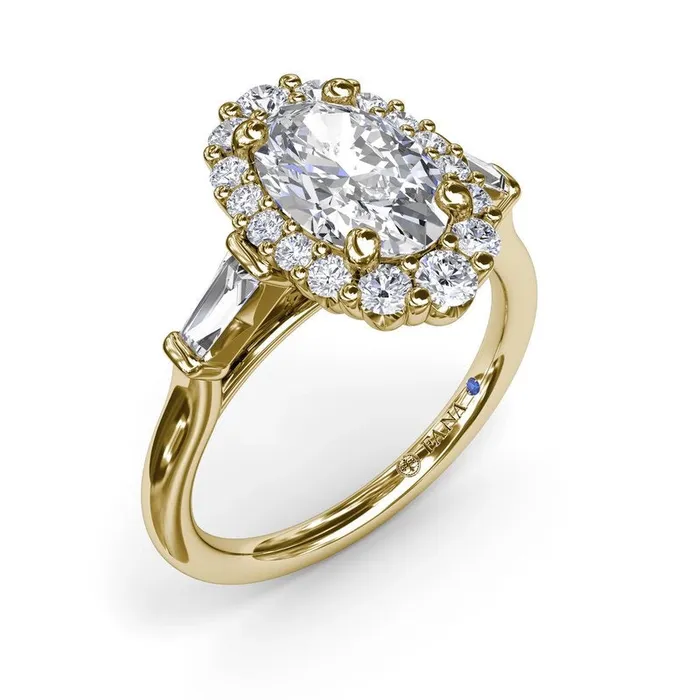 Rings 14K Yellow Gold Semi Mount Diamond Ring with Oval Halo with Round and Baguette Diamonds Fana Rings 14K Yellow Gold Semi Mount Diamond Ring with Oval Halo with Round and Baguette Diamonds Fana