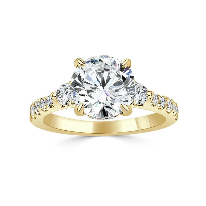 Rings 14K Yellow Gold Three Stone Semi Mount Diamond Ring with Hidden Halo Engagement Collections Rings 14K Yellow Gold Three Stone Semi Mount Diamond Ring with Hidden Halo Engagement Collections