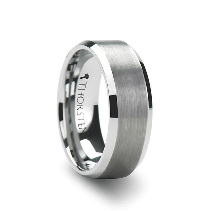Rings Mens Bands Brushed Center White Tungsten Ring with Beveled Edges