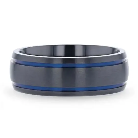 Rings Mens Bands Domed Black Titanium Brushed Finish 8mm Band with Blue Grooves Rings Mens Bands Domed Black Titanium Brushed Finish 8mm Band with Blue Grooves