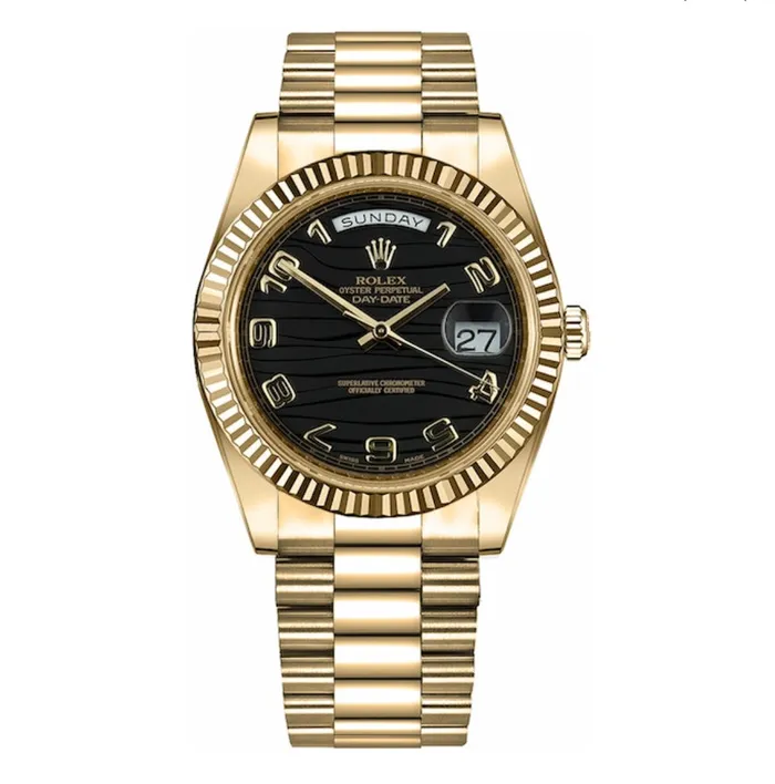 Rolex Bracelets Rolex Day Date 41mm Ref 218238 Black Wave Motif Dial Fluted Bezel 18K Yellow Gold President Bracelet Mens Watch