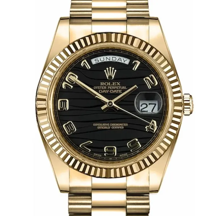 Rolex Bracelets Rolex Day Date 41mm Ref 218238 Black Wave Motif Dial Fluted Bezel 18K Yellow Gold President Bracelet Mens Watch