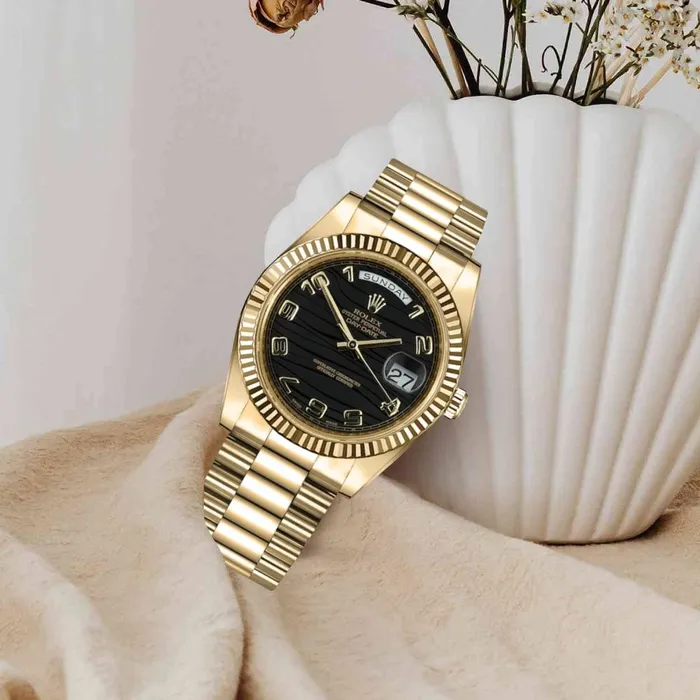 Rolex Bracelets Rolex Day Date 41mm Ref 218238 Black Wave Motif Dial Fluted Bezel 18K Yellow Gold President Bracelet Mens Watch