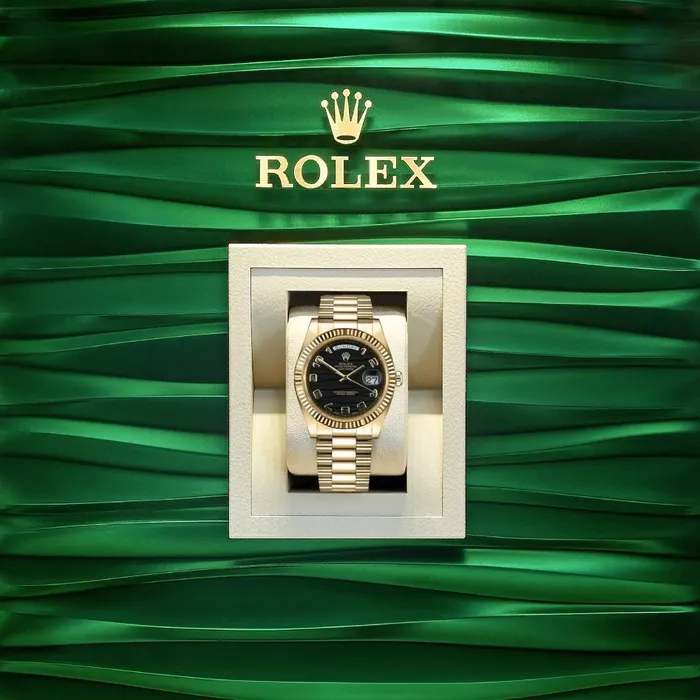 Rolex Bracelets Rolex Day Date 41mm Ref 218238 Black Wave Motif Dial Fluted Bezel 18K Yellow Gold President Bracelet Mens Watch