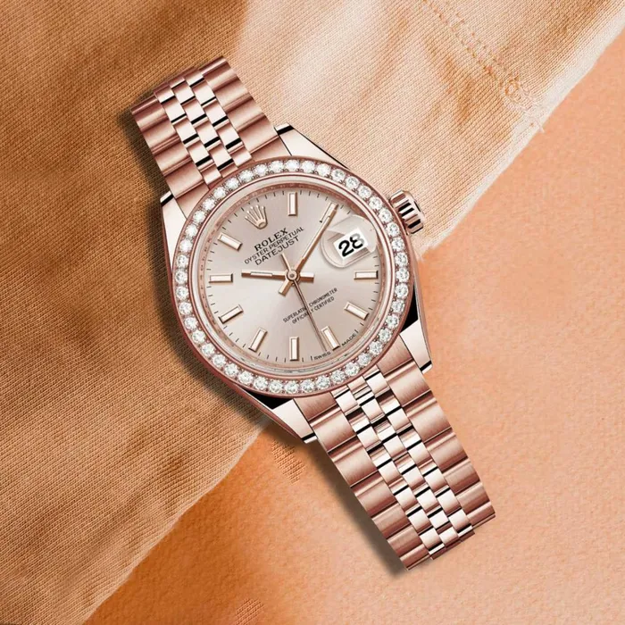 Rolex Bracelets Rolex LadyDatejust 28mm Ref 279135rbr0007 Sundust Stick Dial 18K Rose Gold Jubilee Bracelet Womens Watch