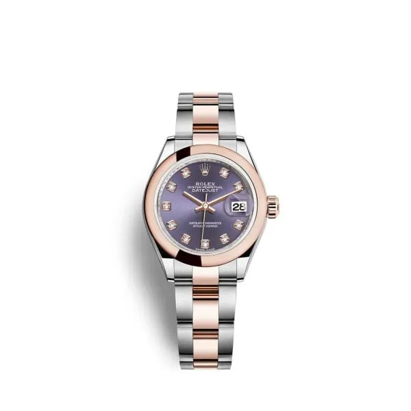 Rolex Bracelets Rolex LadyDatejust 28mm Ref 2791610016 Aubergine Purple Diamond Dial Two Tone Stainless Steel 18K Rose Gold Oyster Bracelet Womens Watch