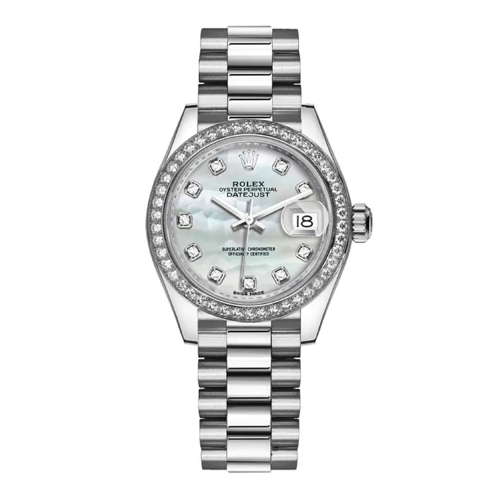 Rolex LadyDatejust 28mm Ref 279136RBR mdp White Mother of Pearl Diamond Dial Diamond Bezel Platinum Presidential Bracelet Womens Watch Rolex Bracelets Rolex LadyDatejust 28mm Ref 279136RBR mdp White Mother of Pearl Diamond Dial Diamond Bezel Platinum Presidential Bracelet Womens Watch Rolex Bracelets