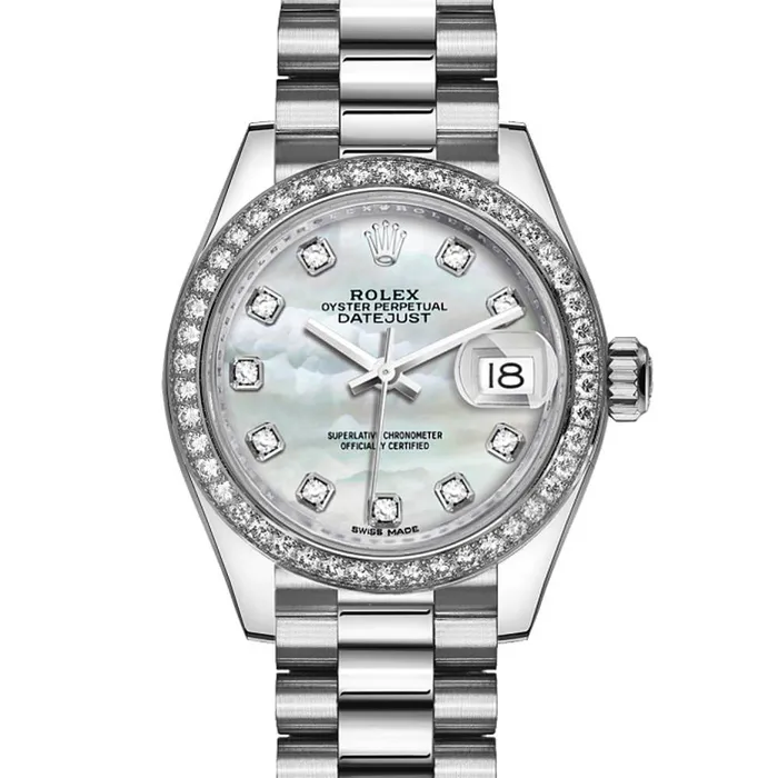 Rolex LadyDatejust 28mm Ref 279136RBR mdp White Mother of Pearl Diamond Dial Diamond Bezel Platinum Presidential Bracelet Womens Watch Rolex Bracelets