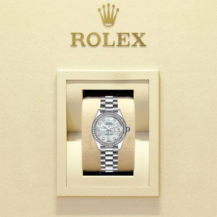 Rolex LadyDatejust 28mm Ref 279136RBR mdp White Mother of Pearl Diamond Dial Diamond Bezel Platinum Presidential Bracelet Womens Watch Rolex Bracelets