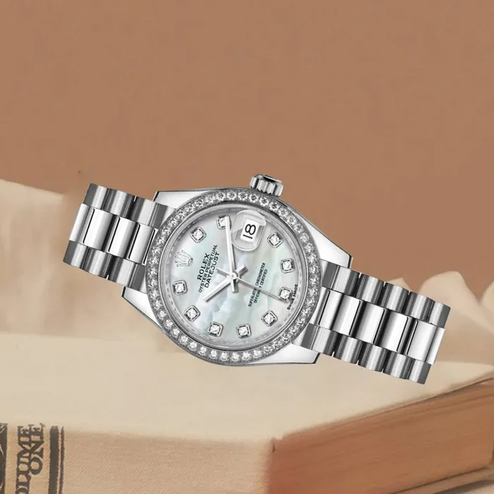Rolex LadyDatejust 28mm Ref 279136RBR mdp White Mother of Pearl Diamond Dial Diamond Bezel Platinum Presidential Bracelet Womens Watch Rolex Bracelets