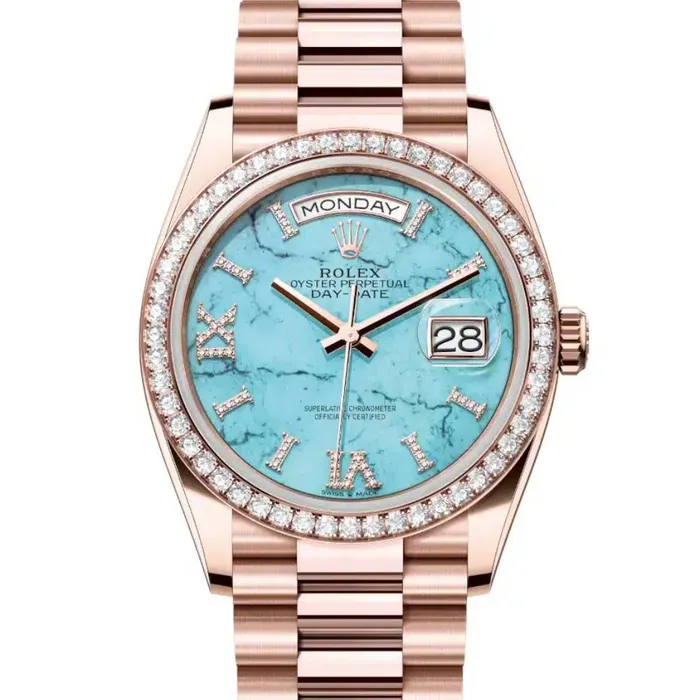 Rolex Rolex Day Date 36mm Ref 128345RBR Tiffany Blue Turquoise Diamond Dial Diamond Bezel 18K Rose Gold Diamonds President Bracelet Watch Bracelets