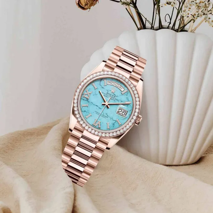 Rolex Rolex Day Date 36mm Ref 128345RBR Tiffany Blue Turquoise Diamond Dial Diamond Bezel 18K Rose Gold Diamonds President Bracelet Watch Bracelets