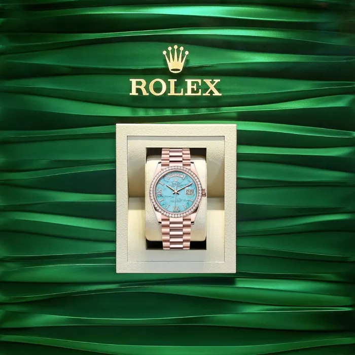 Rolex Rolex Day Date 36mm Ref 128345RBR Tiffany Blue Turquoise Diamond Dial Diamond Bezel 18K Rose Gold Diamonds President Bracelet Watch Bracelets