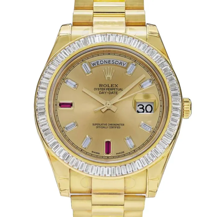 Rolex Rolex Day Date II 41mm Ref ROL425000 Champagne Diamond Ruby Dial Diamond Bezel 18K Yellow Gold President Bracelet Mens Watch Bracelets