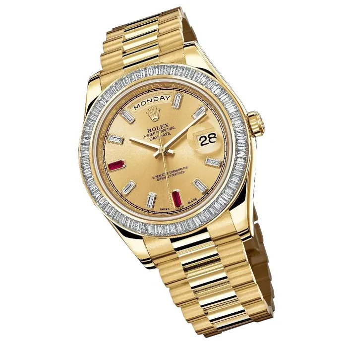 Rolex Rolex Day Date II 41mm Ref ROL425000 Champagne Diamond Ruby Dial Diamond Bezel 18K Yellow Gold President Bracelet Mens Watch Bracelets
