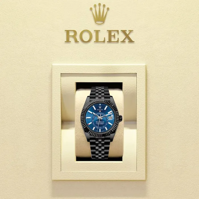 Rolex SkyDweller 42mm Ref 336934 PVD Bright Blue Stick Dial Black PVD Stainless Steel Jubilee Bracelet Watch Rolex Bracelets