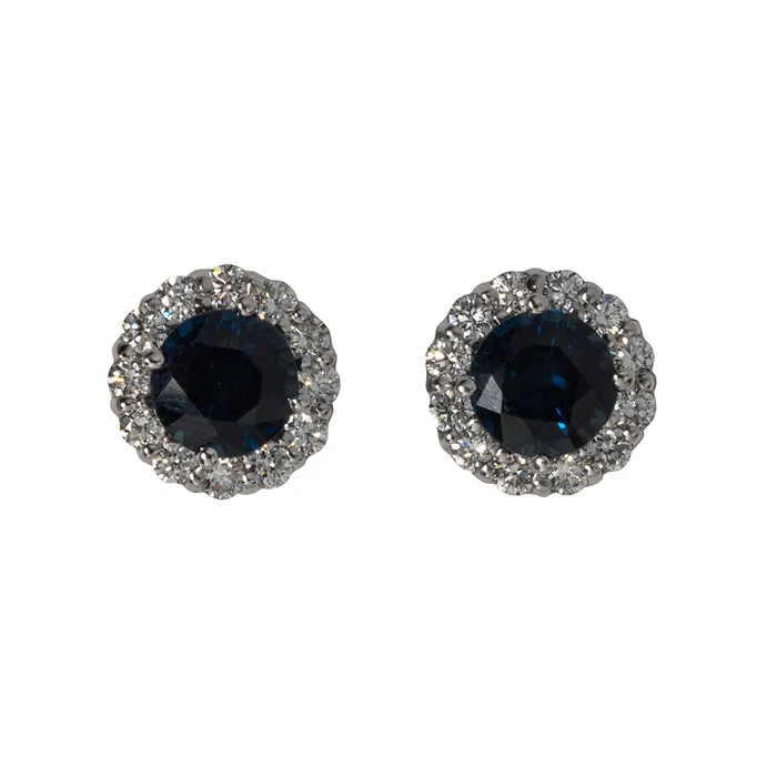 Sapphire Diamond Halo 18K White Gold Stud Earrings Croghans Earrings