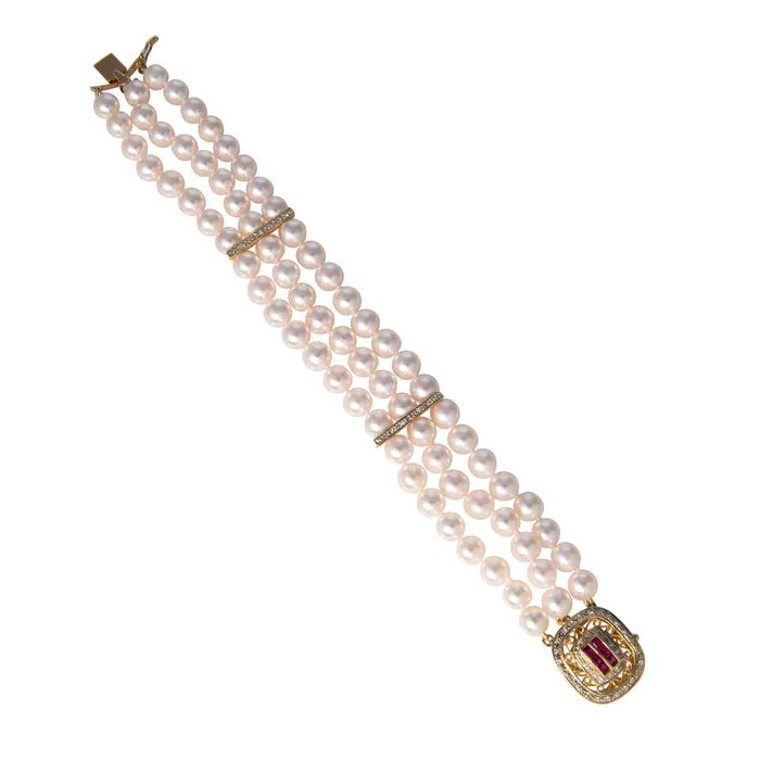 TripleStrand Pearl Ruby Diamond Clasp 14K Gold Bracelet Croghans Bracelets TripleStrand Pearl Ruby Diamond Clasp 14K Gold Bracelet Croghans Bracelets
