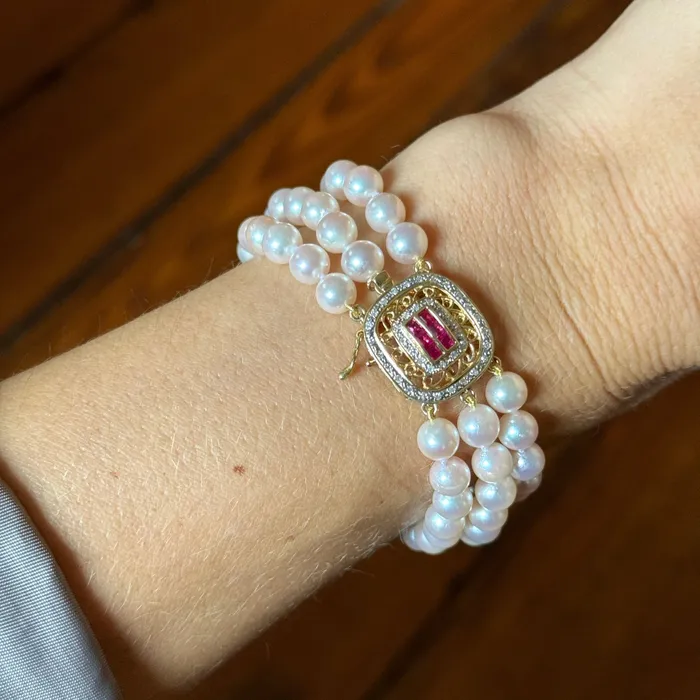 TripleStrand Pearl Ruby Diamond Clasp 14K Gold Bracelet Croghans Bracelets