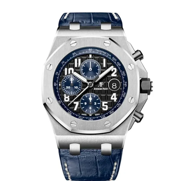 Watches Audemars Piguet Audemars Piguet Royal Oak Offshore Selfwinding Chronograph 42mm Mens Watch Ref 26470STOOA028CR01 Black Dial Blue Alligator Strap Watches Audemars Piguet Audemars Piguet Royal Oak Offshore Selfwinding Chronograph 42mm Mens Watch Ref 26470STOOA028CR01 Black Dial Blue Alligator Strap