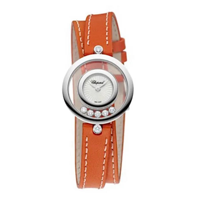Watches Chopard Happy Diamonds Icons 258mm Watch Ref 2094151001 White MOP Dial in 18K White Gold Diamond Case Orange Leather Strap Chopard Watches Chopard Happy Diamonds Icons 258mm Watch Ref 2094151001 White MOP Dial in 18K White Gold Diamond Case Orange Leather Strap Chopard