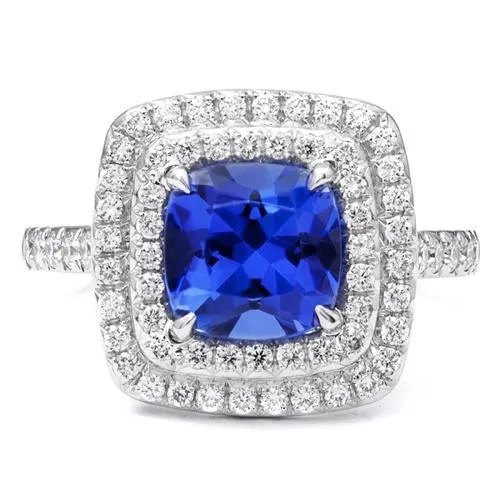 15 Ct Halo Cushion Tanzanite And Natural Earth Mined Diamonds Ring White Gold 14K GB Rings
