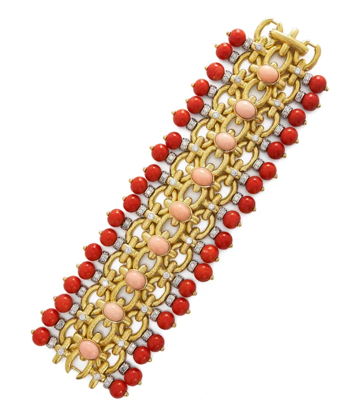 Bracelets David Webb Brocade Bracelet Hammered 18K Gold Diamonds Coral
