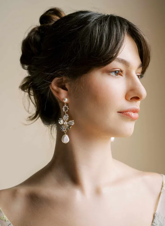 Crystal encrusted magnolia and pearl earrings Style 2545 twigs honey Earrings