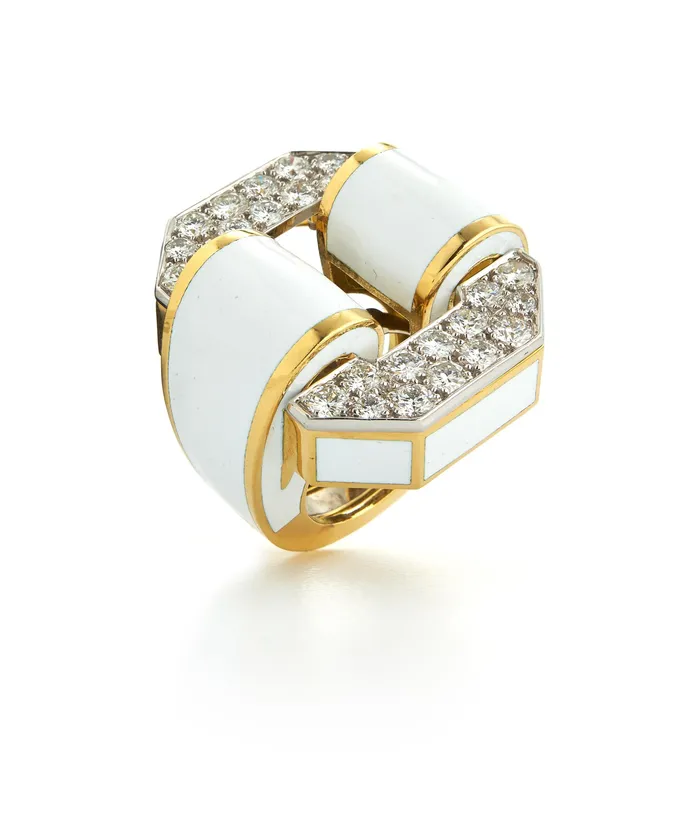David Webb Rings Octagonal Buckle Ring White Enamel