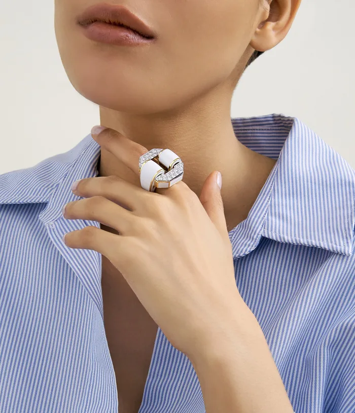 David Webb Rings Octagonal Buckle Ring White Enamel