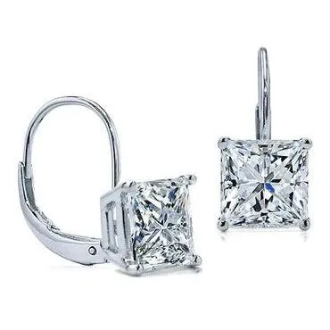 Earrings 2 Carats D Vvs1 Princess Cut Natural Earth Mined Diamond Earrings Leverback Eurowire 14K White Gold GB