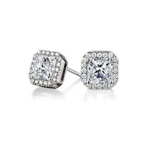 GB Earrings Princess Round Cut 29 Carats Real Natural Earth Mined Diamond Halo Lady Stud Earrings GB Earrings Princess Round Cut 29 Carats Real Natural Earth Mined Diamond Halo Lady Stud Earrings
