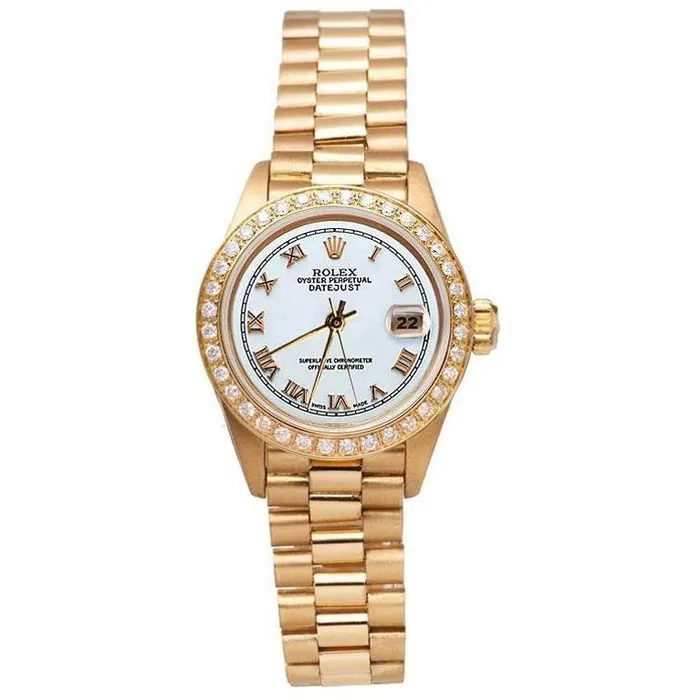 GB Earrings Rolex Dj White Roman Dial Diamond Bezel Presidential Style Gold GB Earrings Rolex Dj White Roman Dial Diamond Bezel Presidential Style Gold