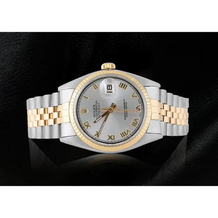 GB Rings Rolex Datejust Gray Roman Dial Fluted Bezel Men Watch Two Tone QUICK SET GB Rings Rolex Datejust Gray Roman Dial Fluted Bezel Men Watch Two Tone QUICK SET