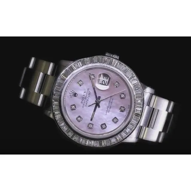 GB Watches Pink Custom Diamond Dial Datejust Rolex Watch Ss 5 Carat Baguette